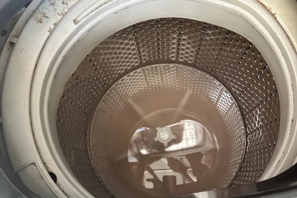 Inside a top-loader drum before a deep clean